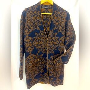 Peruvian Connection Baby Alpaca/Wool Cardigan Sweater; Medium; Navy/Camel Damask